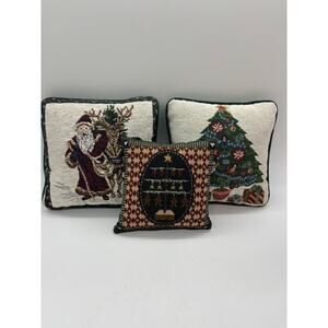 3 small vintage tapestry Christmas pillows Santa, Christmas tree